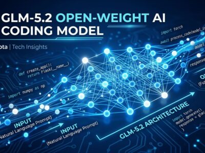 GLM-5.2 neural network architecture visualization with blue and white color scheme showing open-weight AI model connections