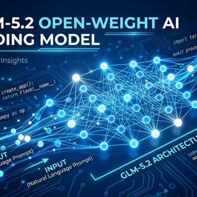 GLM-5.2 neural network architecture visualization with blue and white color scheme showing open-weight AI model connections