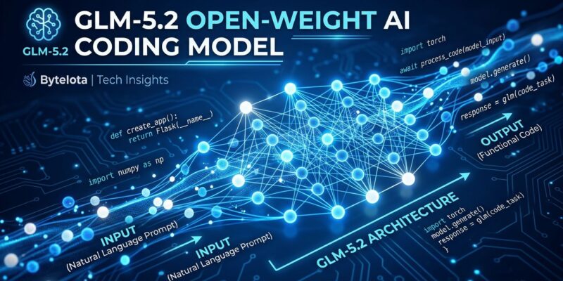 GLM-5.2 neural network architecture visualization with blue and white color scheme showing open-weight AI model connections