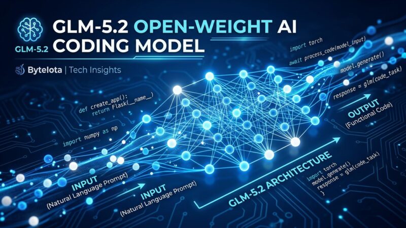 GLM-5.2 neural network architecture visualization with blue and white color scheme showing open-weight AI model connections