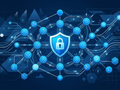 Hugging Face AI kernels as glowing blue circuit nodes with security shield representing Sigstore signing and trusted publisher model