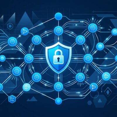 Hugging Face AI kernels as glowing blue circuit nodes with security shield representing Sigstore signing and trusted publisher model