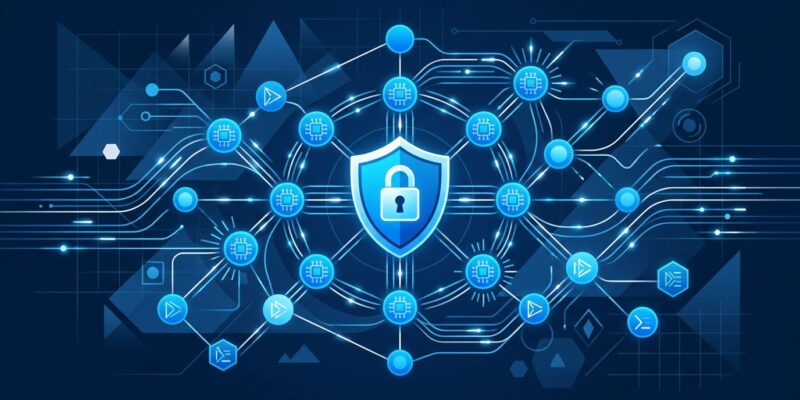 Hugging Face AI kernels as glowing blue circuit nodes with security shield representing Sigstore signing and trusted publisher model