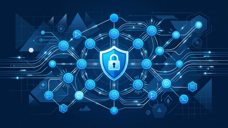 Hugging Face AI kernels as glowing blue circuit nodes with security shield representing Sigstore signing and trusted publisher model