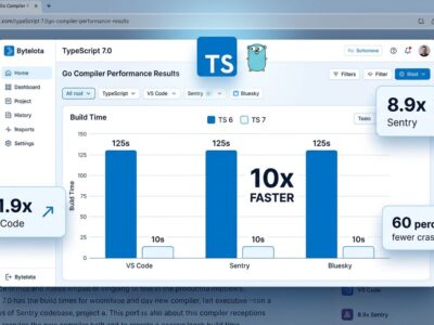 Data visualization showing TypeScript 7.0 build time improvements: VS Code drops from 125 seconds to 10 seconds with the Go-native compiler