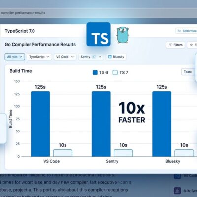 Data visualization showing TypeScript 7.0 build time improvements: VS Code drops from 125 seconds to 10 seconds with the Go-native compiler
