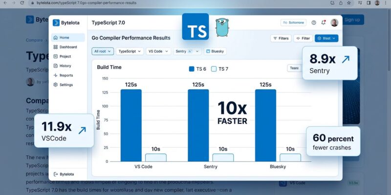 Data visualization showing TypeScript 7.0 build time improvements: VS Code drops from 125 seconds to 10 seconds with the Go-native compiler