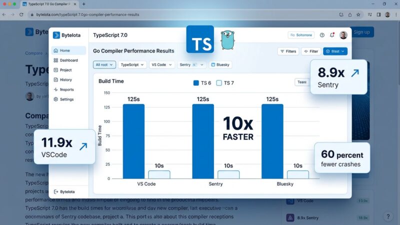 Data visualization showing TypeScript 7.0 build time improvements: VS Code drops from 125 seconds to 10 seconds with the Go-native compiler
