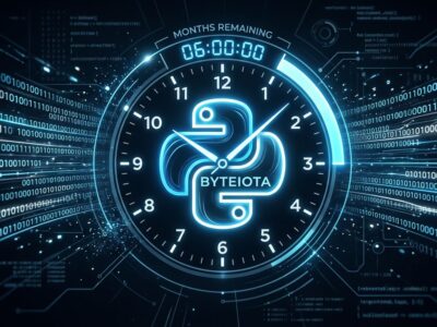 Python snake logo with a countdown clock motif representing the six-month deadline for CPython JIT compiler PEP approval