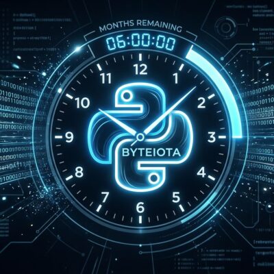 Python snake logo with a countdown clock motif representing the six-month deadline for CPython JIT compiler PEP approval