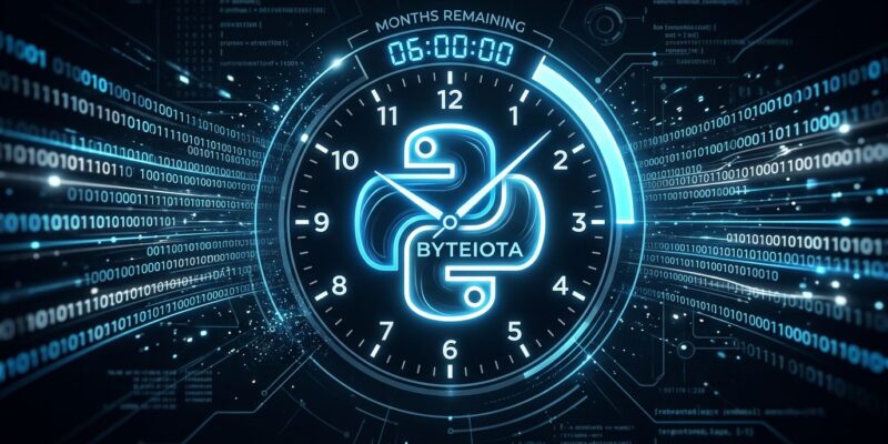 Python snake logo with a countdown clock motif representing the six-month deadline for CPython JIT compiler PEP approval