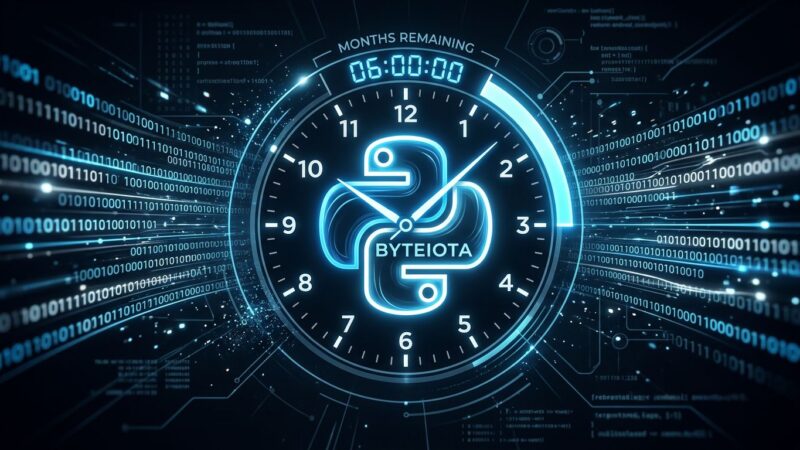 Python snake logo with a countdown clock motif representing the six-month deadline for CPython JIT compiler PEP approval