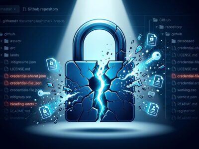 Broken padlock with credential fragments dispersing, representing CISA GitHub secrets leak and incident response failure