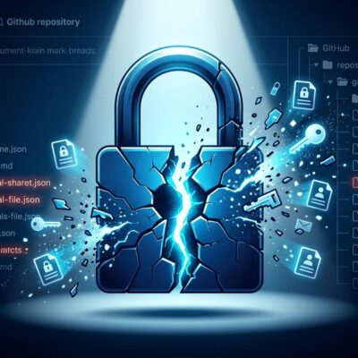 Broken padlock with credential fragments dispersing, representing CISA GitHub secrets leak and incident response failure