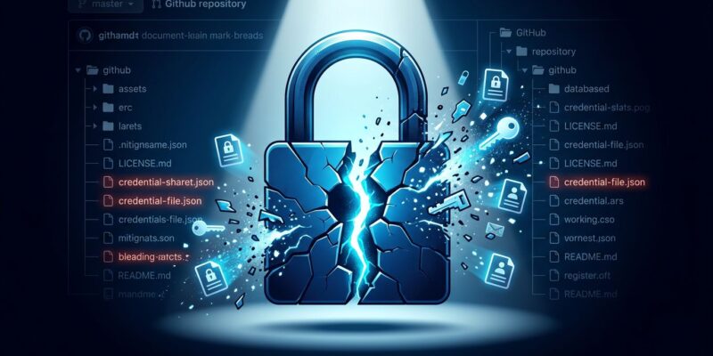 Broken padlock with credential fragments dispersing, representing CISA GitHub secrets leak and incident response failure