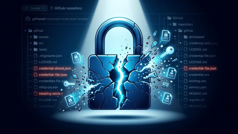 Broken padlock with credential fragments dispersing, representing CISA GitHub secrets leak and incident response failure