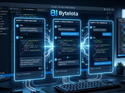 VS Code 1.128 showing parallel Claude agent sessions in a split panel editor interface with blue and white ByteIota brand colors