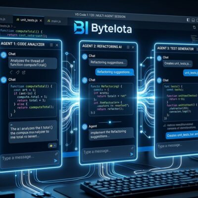 VS Code 1.128 showing parallel Claude agent sessions in a split panel editor interface with blue and white ByteIota brand colors
