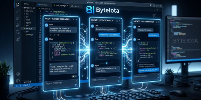 VS Code 1.128 showing parallel Claude agent sessions in a split panel editor interface with blue and white ByteIota brand colors