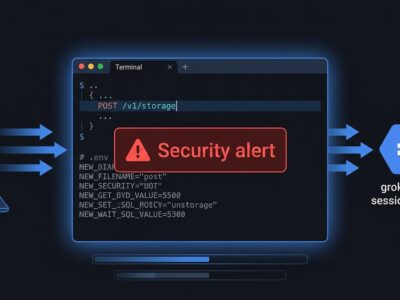 Grok Build CLI terminal showing data being uploaded to xAI's grok-code-session-traces GCS bucket with .env file exposure warning