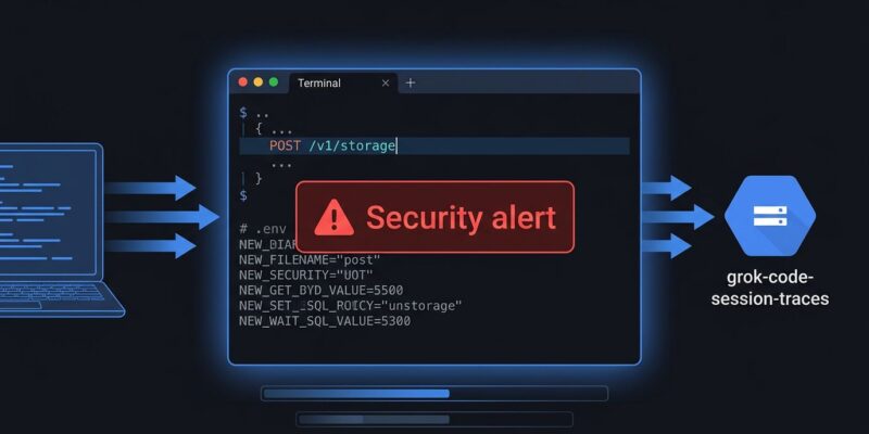 Grok Build CLI terminal showing data being uploaded to xAI's grok-code-session-traces GCS bucket with .env file exposure warning