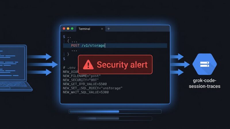 Grok Build CLI terminal showing data being uploaded to xAI's grok-code-session-traces GCS bucket with .env file exposure warning