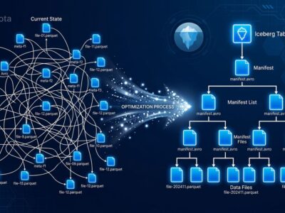 Abstract visualization of Apache Iceberg v4 adaptive metadata tree — nested manifest hierarchy transforming into a streamlined single-node tree structure on dark blue background