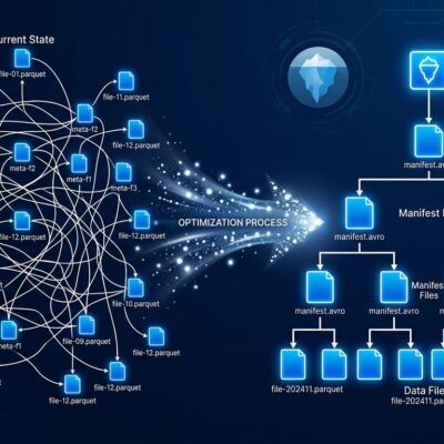 Abstract visualization of Apache Iceberg v4 adaptive metadata tree — nested manifest hierarchy transforming into a streamlined single-node tree structure on dark blue background