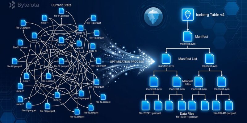 Abstract visualization of Apache Iceberg v4 adaptive metadata tree — nested manifest hierarchy transforming into a streamlined single-node tree structure on dark blue background