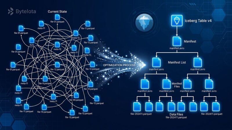 Abstract visualization of Apache Iceberg v4 adaptive metadata tree — nested manifest hierarchy transforming into a streamlined single-node tree structure on dark blue background