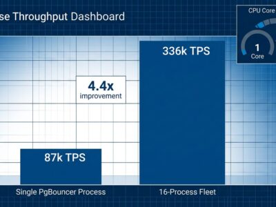 Data visualization bar chart comparing single PgBouncer process at 87k TPS versus 16-process fleet at 336k TPS showing 4x throughput improvement