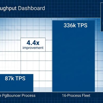 Data visualization bar chart comparing single PgBouncer process at 87k TPS versus 16-process fleet at 336k TPS showing 4x throughput improvement