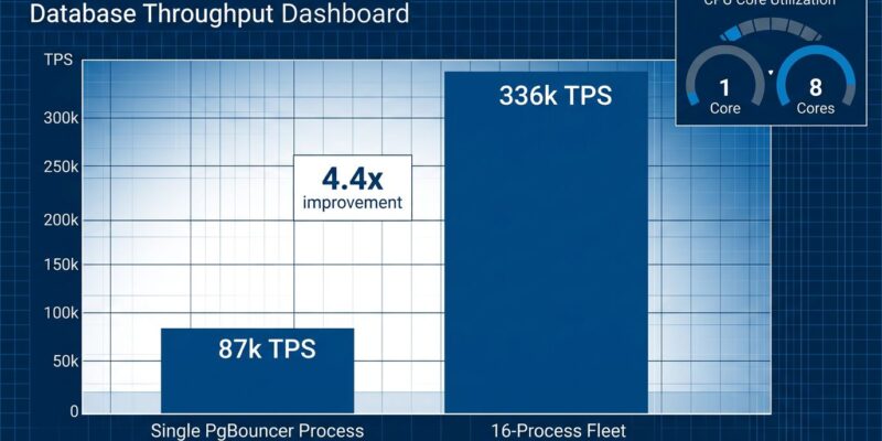 Data visualization bar chart comparing single PgBouncer process at 87k TPS versus 16-process fleet at 336k TPS showing 4x throughput improvement
