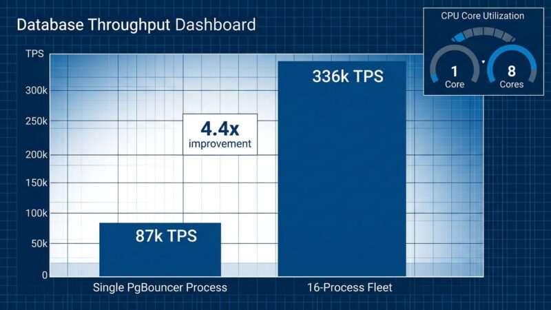 Data visualization bar chart comparing single PgBouncer process at 87k TPS versus 16-process fleet at 336k TPS showing 4x throughput improvement