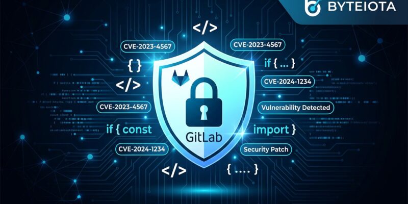 GitLab security shield with circuit board pattern representing CVE-2026-6896 XSS patch release 19.1.2