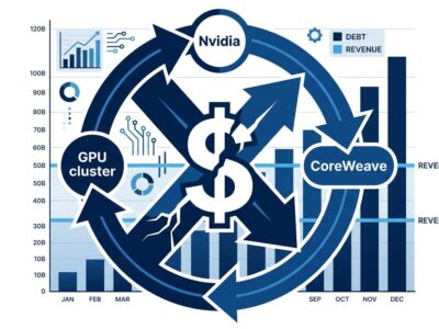 Circular arrow diagram showing Nvidia funding CoreWeave GPU cloud and collecting revenue back, with financial debt vs revenue chart in background