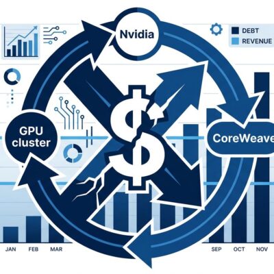 Circular arrow diagram showing Nvidia funding CoreWeave GPU cloud and collecting revenue back, with financial debt vs revenue chart in background