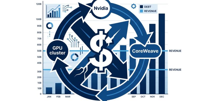 Circular arrow diagram showing Nvidia funding CoreWeave GPU cloud and collecting revenue back, with financial debt vs revenue chart in background
