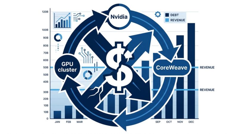 Circular arrow diagram showing Nvidia funding CoreWeave GPU cloud and collecting revenue back, with financial debt vs revenue chart in background