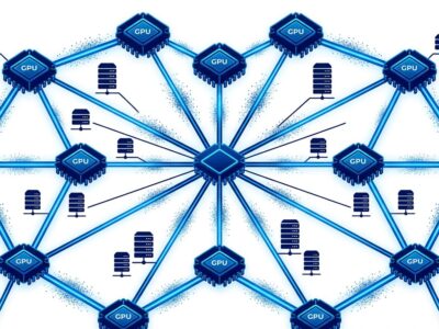 Distributed GPU mesh network with interconnected nodes and QUIC data streams in blue and white