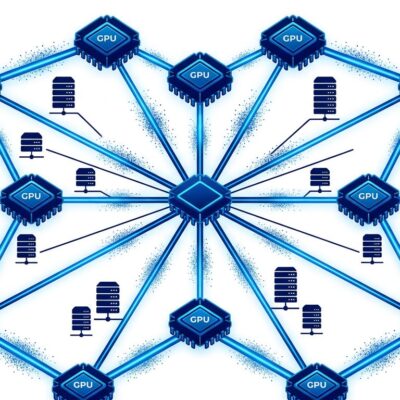 Distributed GPU mesh network with interconnected nodes and QUIC data streams in blue and white