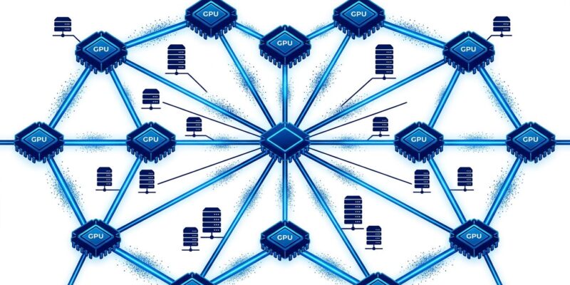 Distributed GPU mesh network with interconnected nodes and QUIC data streams in blue and white