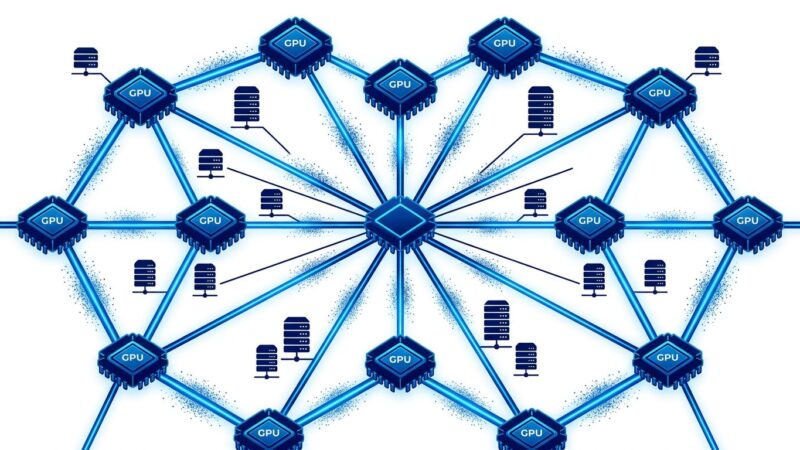 Distributed GPU mesh network with interconnected nodes and QUIC data streams in blue and white