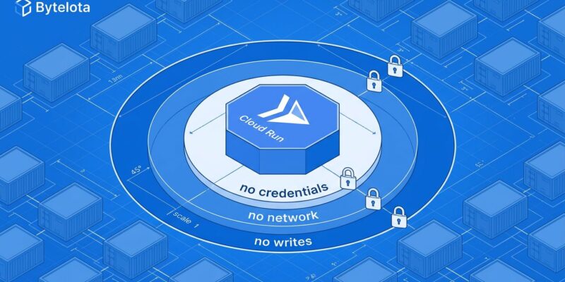 Isometric illustration of Google Cloud Run sandbox isolation rings showing secure AI code execution architecture