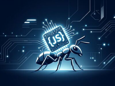A tiny ant carrying a glowing circuit board representing the Ant JavaScript runtime with 8MB binary and 5ms cold start