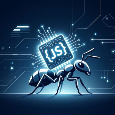A tiny ant carrying a glowing circuit board representing the Ant JavaScript runtime with 8MB binary and 5ms cold start
