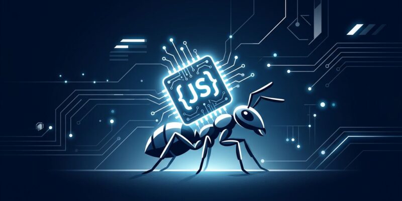 A tiny ant carrying a glowing circuit board representing the Ant JavaScript runtime with 8MB binary and 5ms cold start