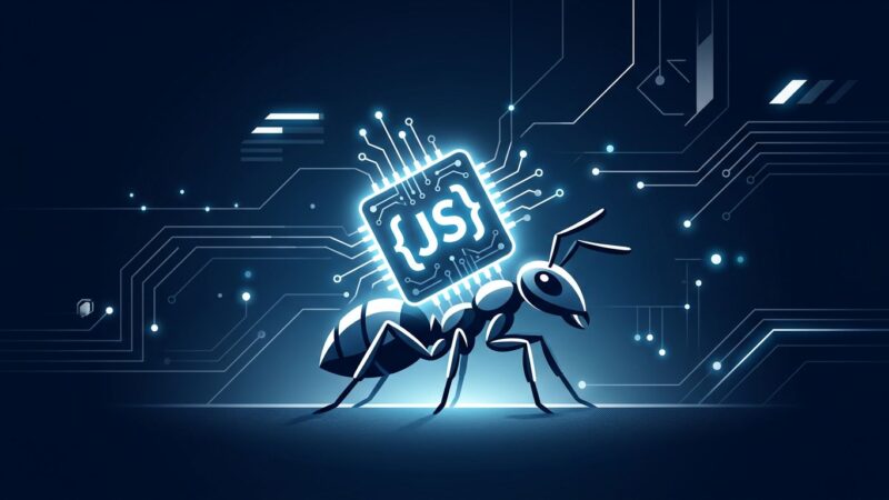 A tiny ant carrying a glowing circuit board representing the Ant JavaScript runtime with 8MB binary and 5ms cold start