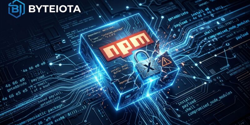 npm package backdoor supply chain attack illustration with blue circuit board and cracked lock on dark background