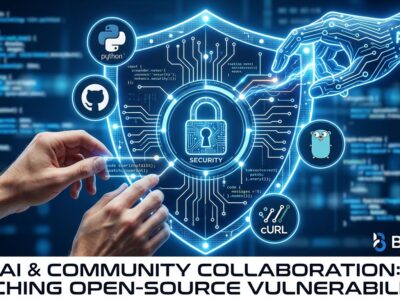 Digital shield with AI circuits and open-source code nodes being patched, representing OpenAI Patch the Planet initiative
